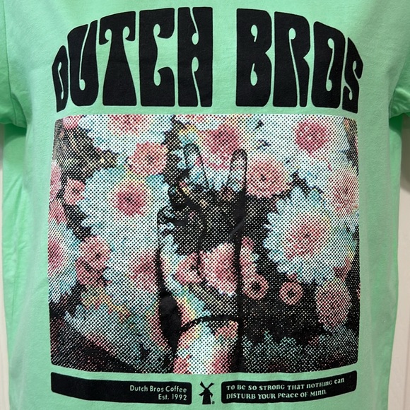 Dutch Bros short sleeve cotton T-shirt,size Small. Floral Peace Top color green - Picture 2 of 6